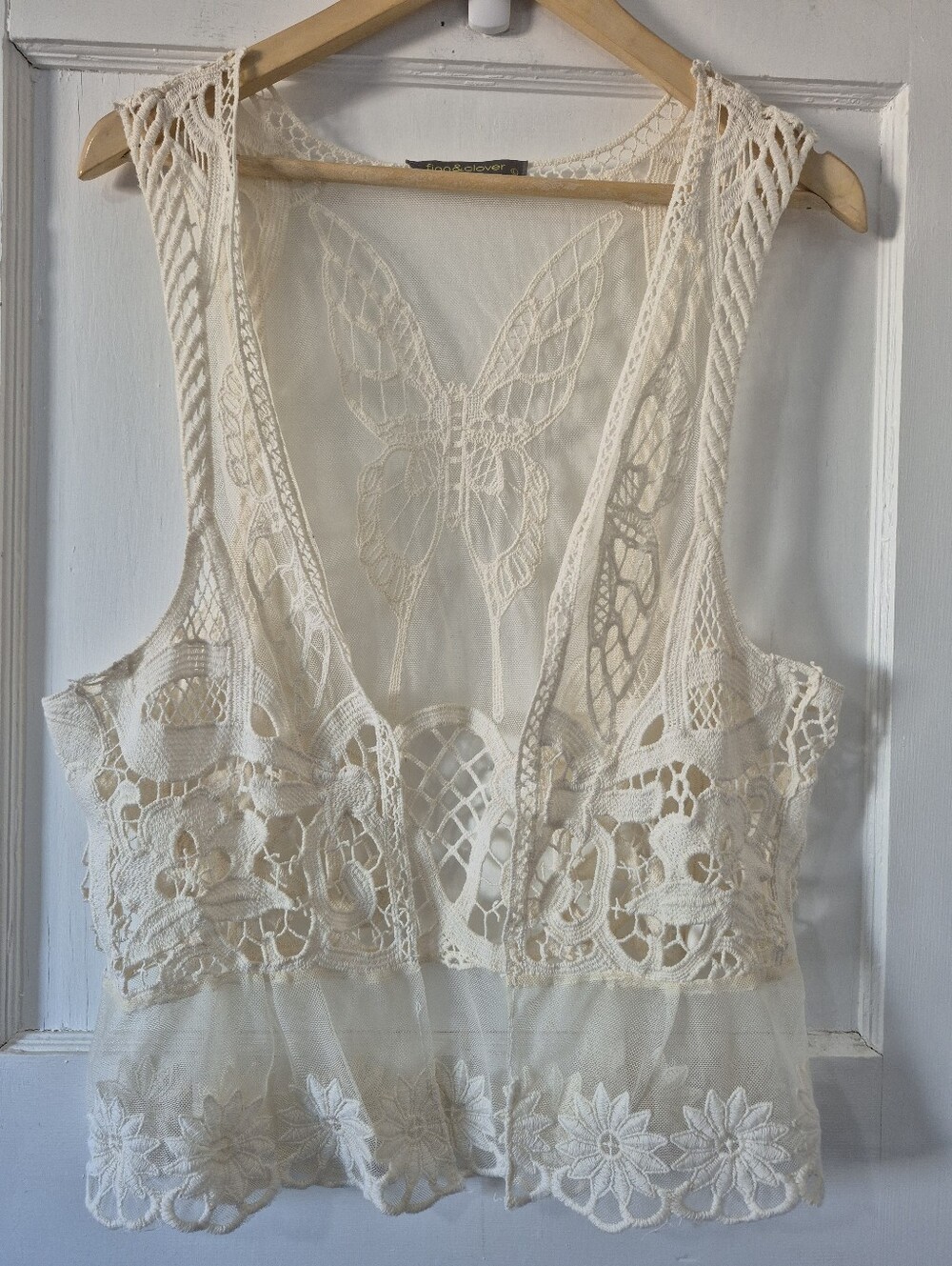 Fin & Clover Cream Lace Cotton Butterfly Vest Crochet Boho Cottagecore Sz L